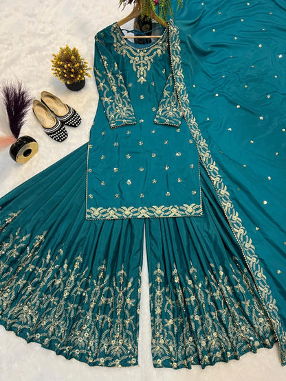 Bright Blue & Maroon Crepe Silk Sharara Set with Moti & Embroidery Work – Fully Stitched