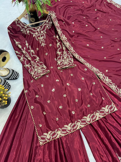 Bright Blue & Maroon Crepe Silk Sharara Set with Moti & Embroidery Work – Fully Stitched