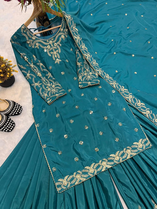 Bright Blue & Maroon Crepe Silk Sharara Set with Moti & Embroidery Work – Fully Stitched