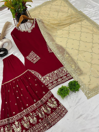 Elegant Red and Gold Embroidered Sharara Palazzo Set- Fully Stitched