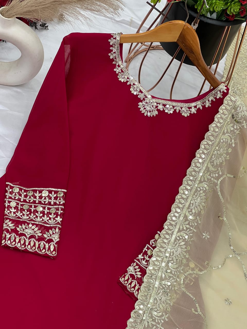 Elegant Red and Gold Embroidered Sharara Palazzo Set- Fully Stitched