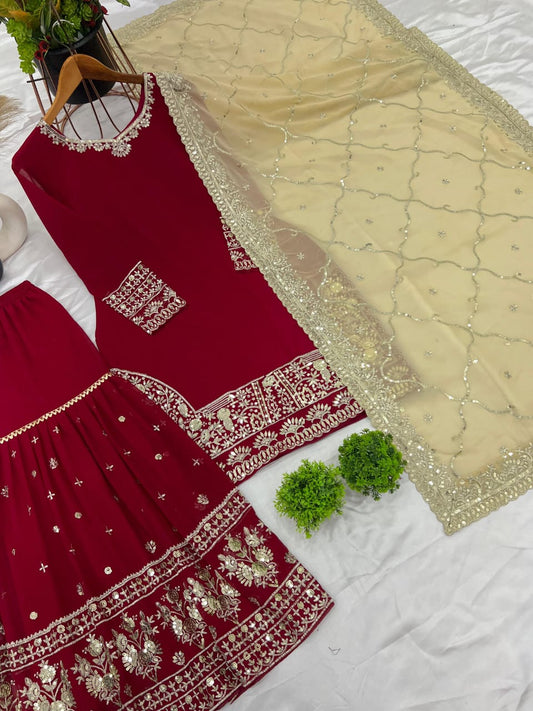 Elegant Red and Gold Embroidered Sharara Palazzo Set- Fully Stitched