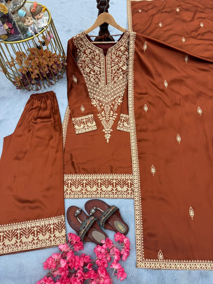 Bronze Chinon Silk Embroidered Palazzo Set with Dupatta – Fully Stitched