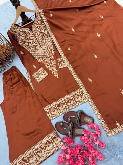 Bronze Chinon Silk Embroidered Palazzo Set with Dupatta – Fully Stitched