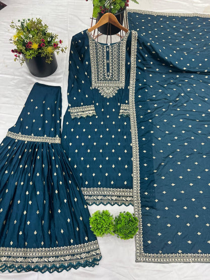 Dark Blue or Pink Chinon Silk Embroidered Sharara Set