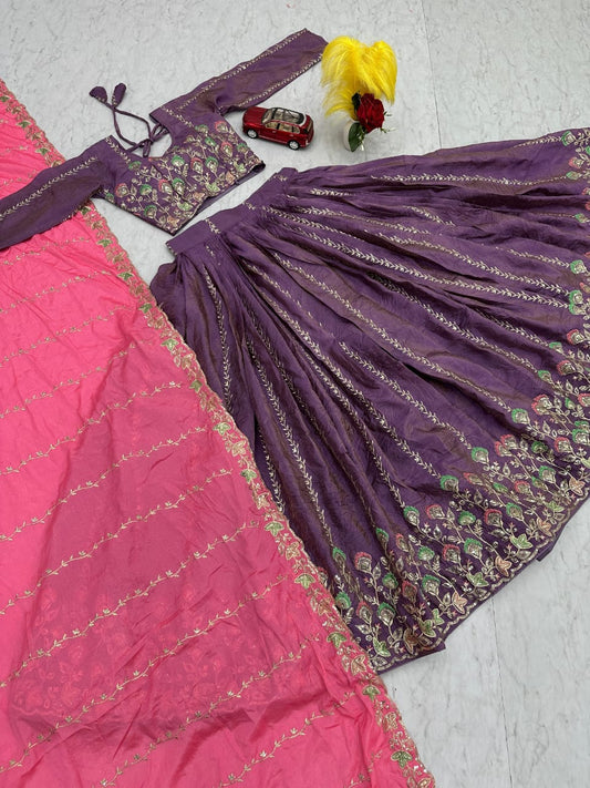 Pink & Purple Gold Crush Embroidered Lehenga Set – Fully Stitched (Sizes S to XXL)