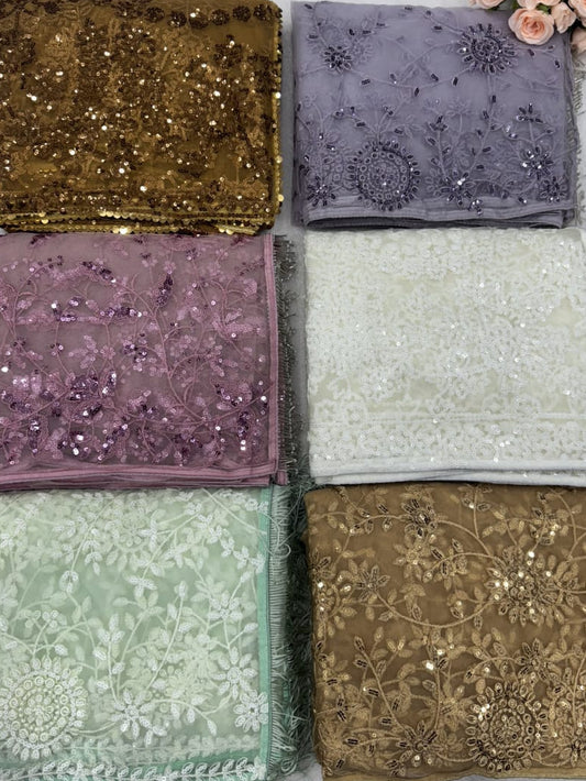 Sequin Embroidered Net Saree - Multiple Colour Options