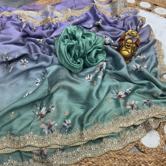 Heavy Satin Chiffon Sequin Embroidered Saree