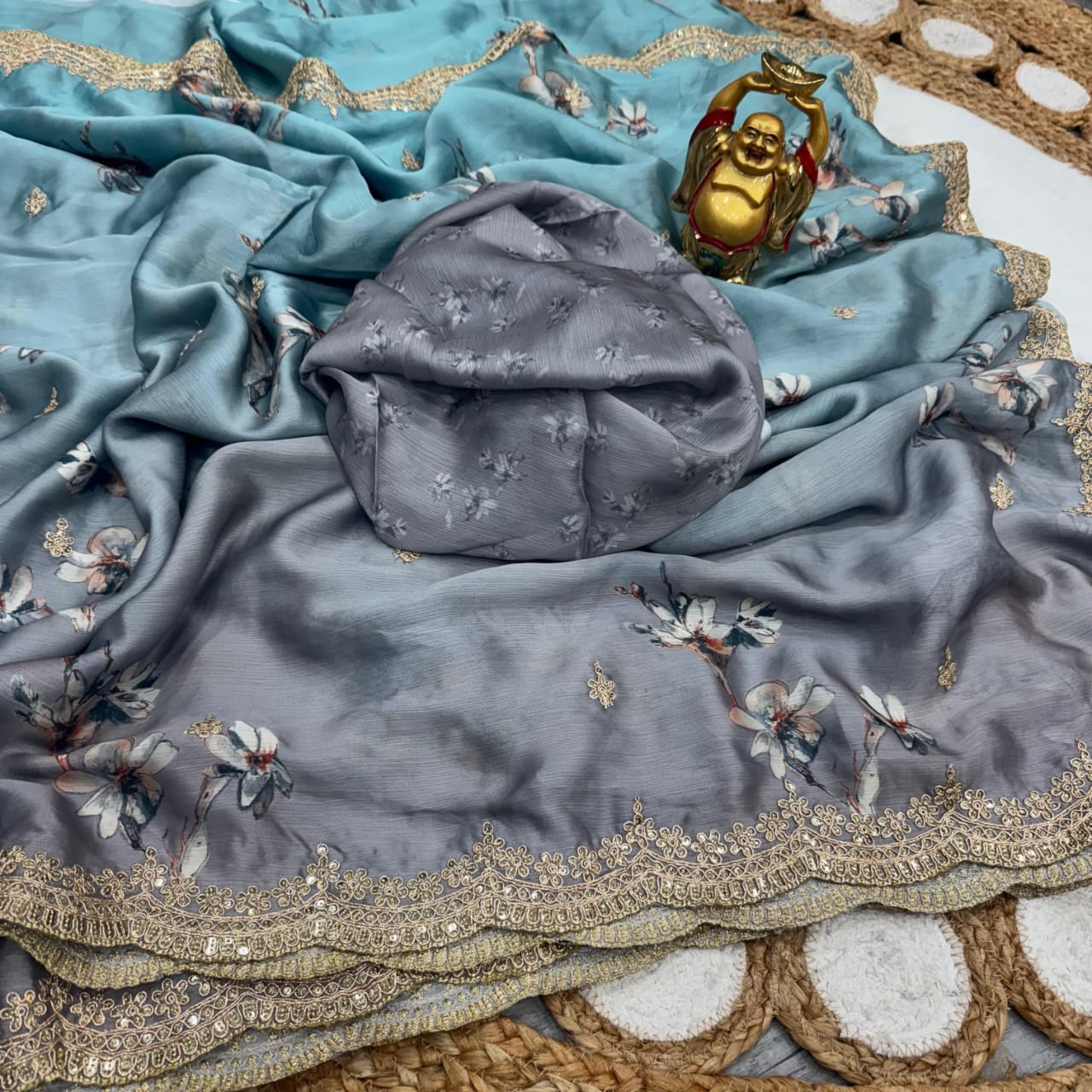 Heavy Satin Chiffon Sequin Embroidered Saree
