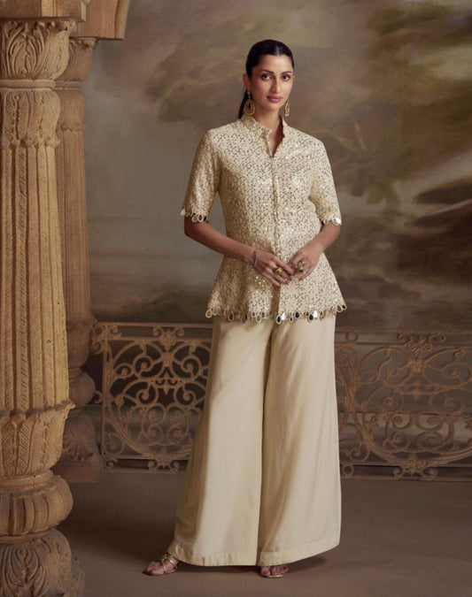 Cream Luxe 2-Piece Embroidered Suit Set with Mirror Stone Work