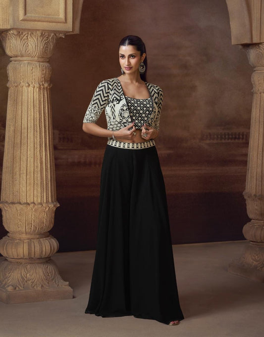 Black Silky Luxe Palazzo & Embroidered Jacket Co-Ord Set (3 Piece)