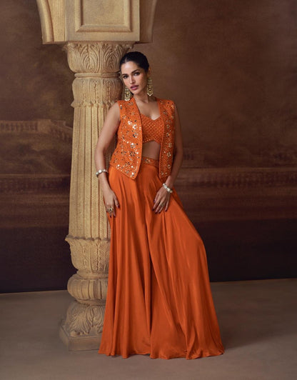 Luxe 3-Piece Orange indo western Co-Ord with Sleeveless Jacket