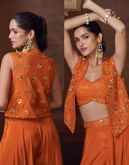 Luxe 3-Piece Orange indo western Co-Ord with Sleeveless Jacket