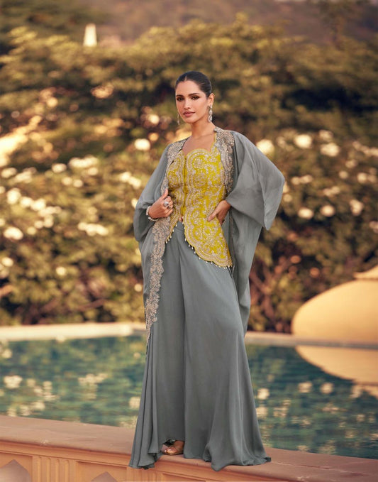 Luxe Silk Co-Ord Set with Embroidered Cape Jacket