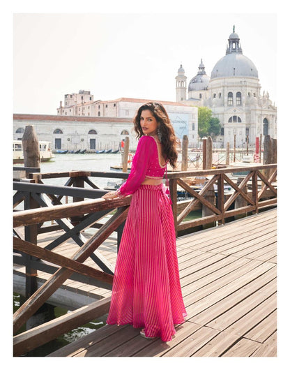 Luxe Embellished Silk Blouse & Palazzo Set with Net Dupatta – Green, Pink & Orange