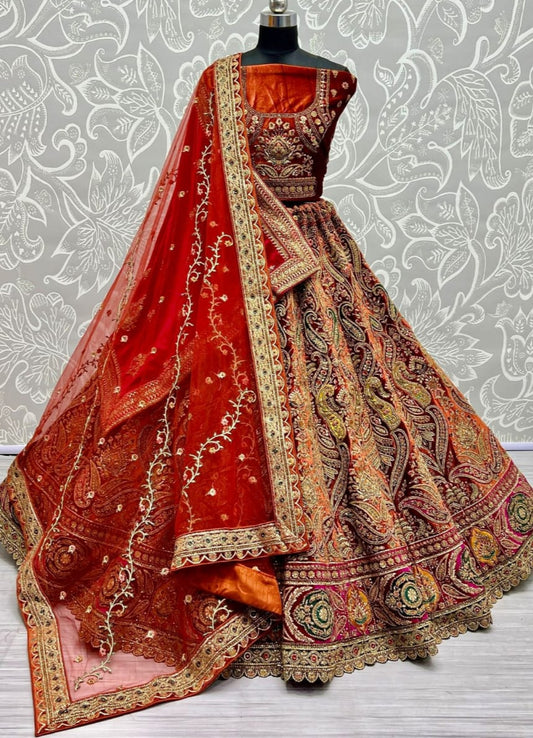Burnt Orange Regal Bridal Lehenga with Double Dupatta