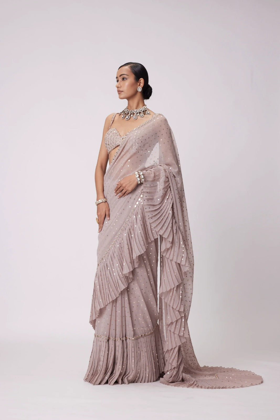 Mink Sequin Crush-Pleat Saree – Mirror-Work Blouse