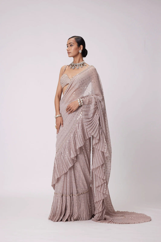 Mink Sequin Crush-Pleat Saree – Mirror-Work Blouse