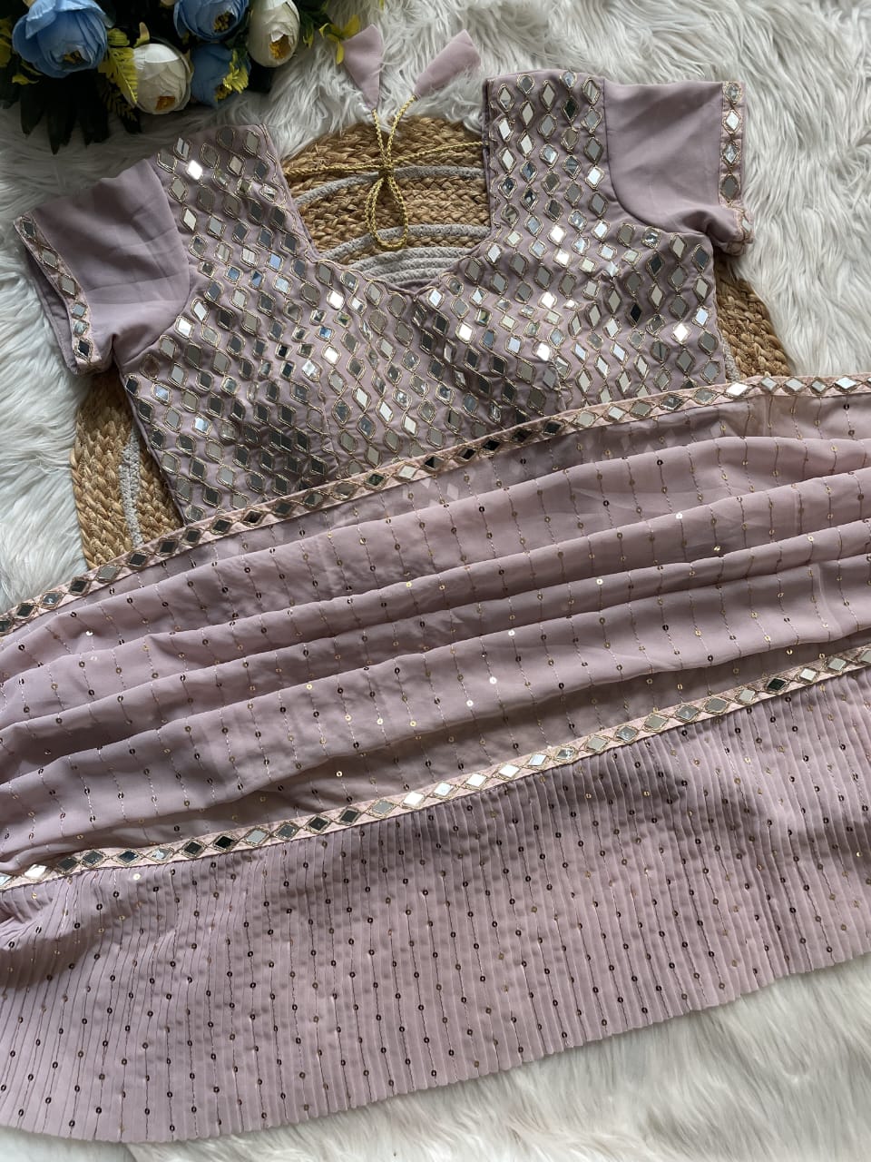 Mink Sequin Crush-Pleat Saree – Mirror-Work Blouse