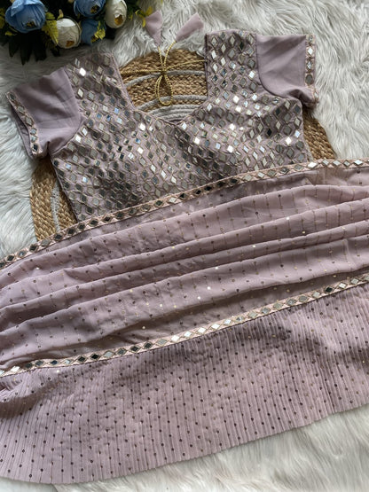 Mink Sequin Crush-Pleat Saree – Mirror-Work Blouse