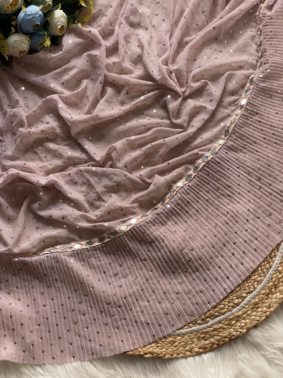 Mink Sequin Crush-Pleat Saree – Mirror-Work Blouse