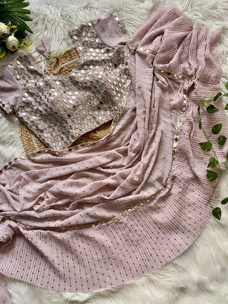 Mink Sequin Crush-Pleat Saree – Mirror-Work Blouse