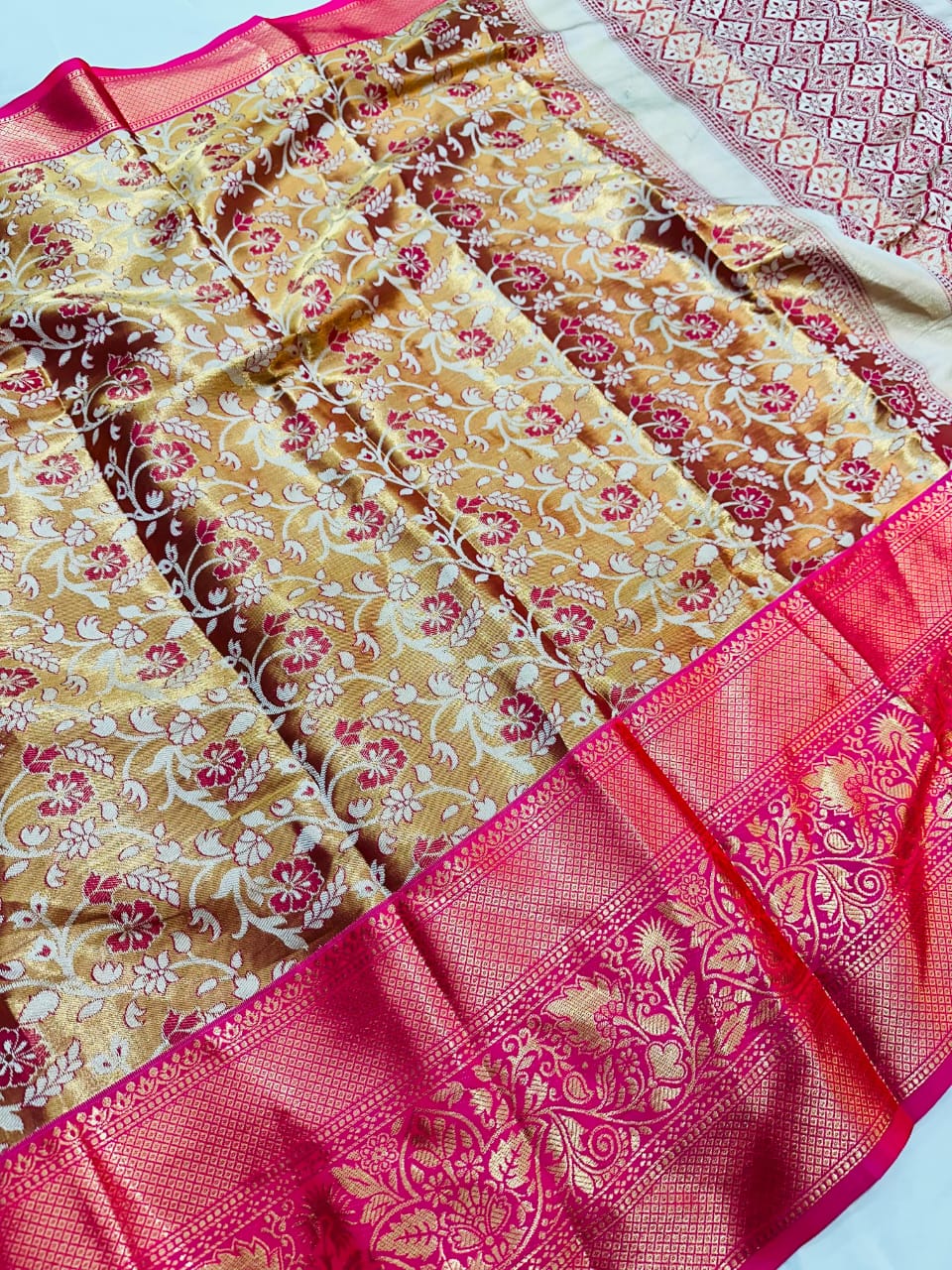 Semi Kanjivaram Silk Weaving Saree with Rich Gold Zari Pallu - Brocade Blouse