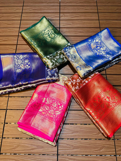 Semi Kanjivaram Silk Weaving Saree with Rich Gold Zari Pallu - Brocade Blouse