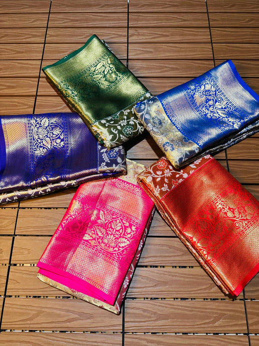 Semi Kanjivaram Silk Weaving Saree with Rich Gold Zari Pallu - Brocade Blouse