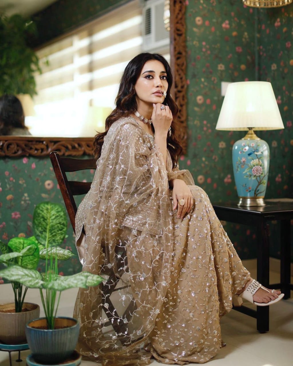 Golden Palazzo & Kurta Set with Real Mirror and Sequins Handwork