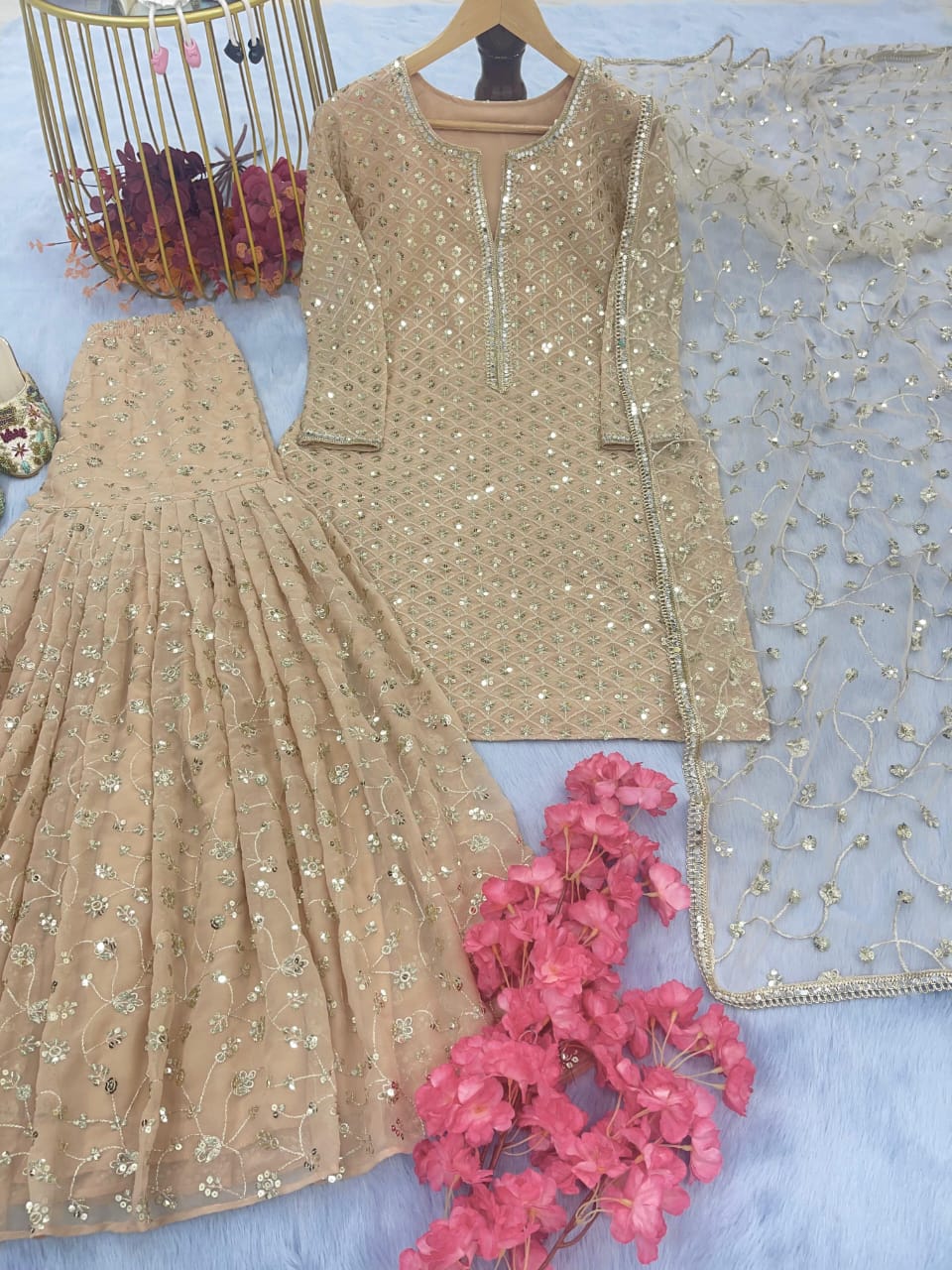 Golden Palazzo & Kurta Set with Real Mirror and Sequins Handwork