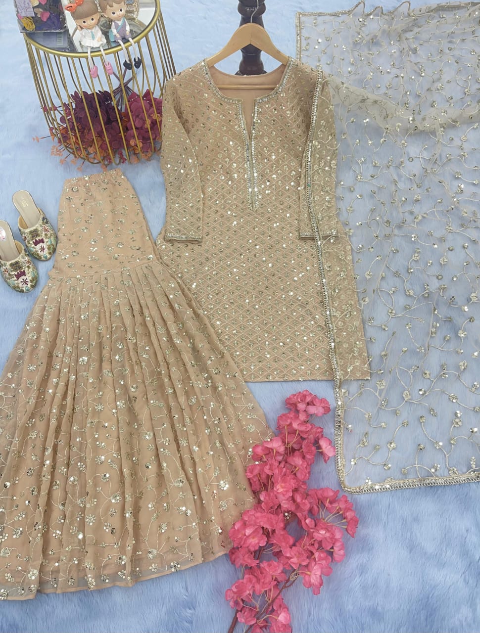 Golden Palazzo & Kurta Set with Real Mirror and Sequins Handwork