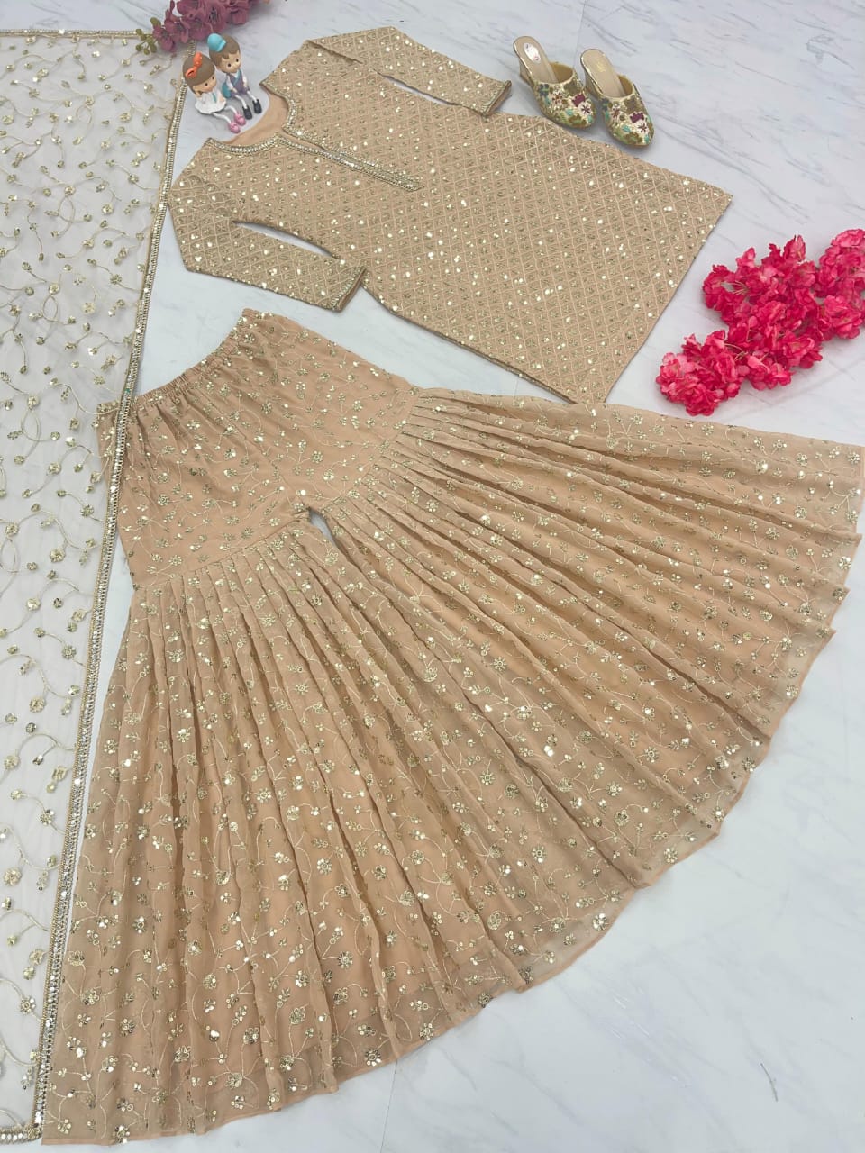 Golden Palazzo & Kurta Set with Real Mirror and Sequins Handwork