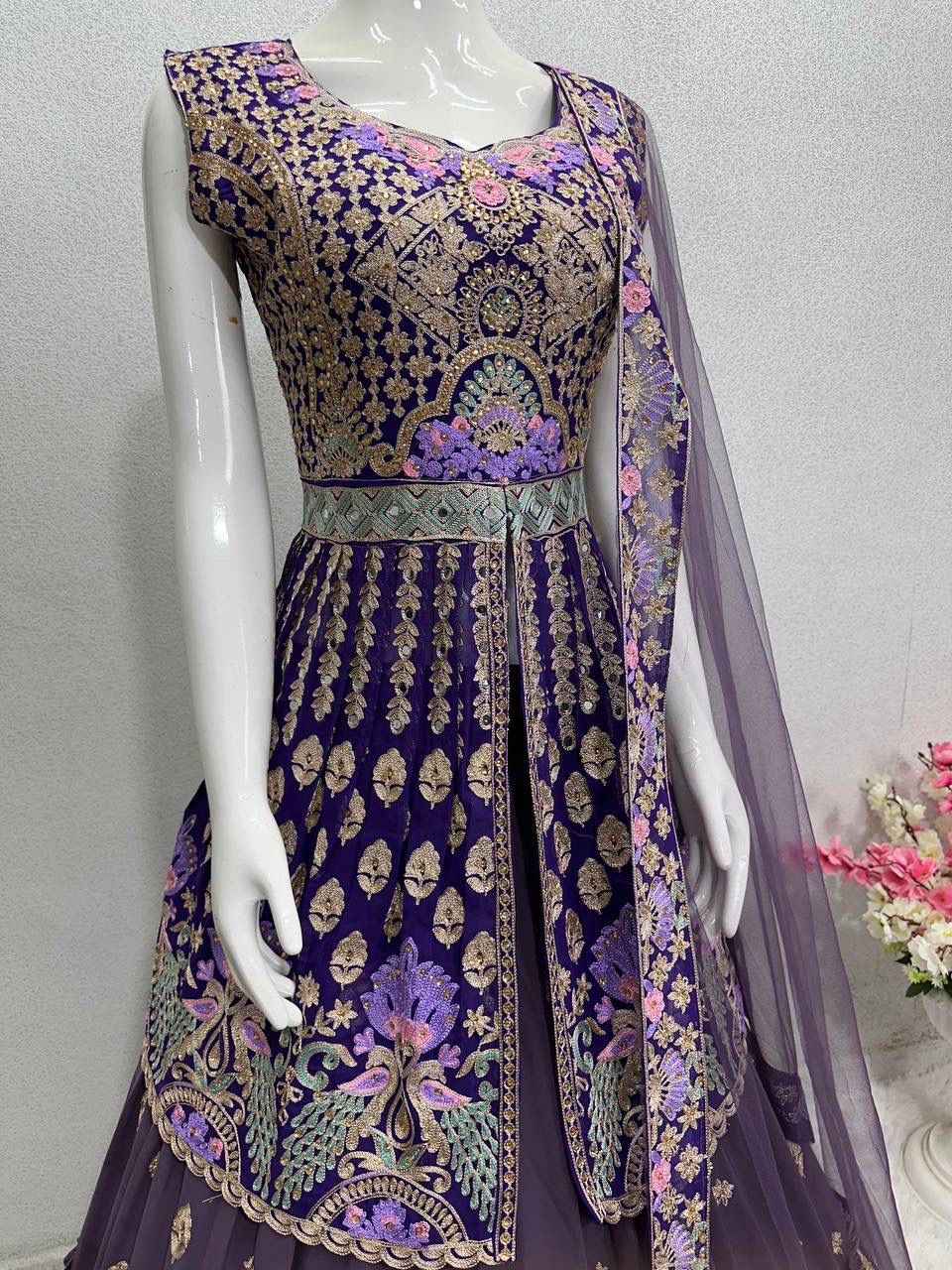 Purple Indo-Western Lehenga with Gold Embroidery & Mirror Detailing