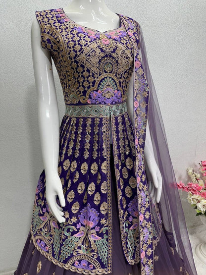 Purple Indo-Western Lehenga with Gold Embroidery & Mirror Detailing