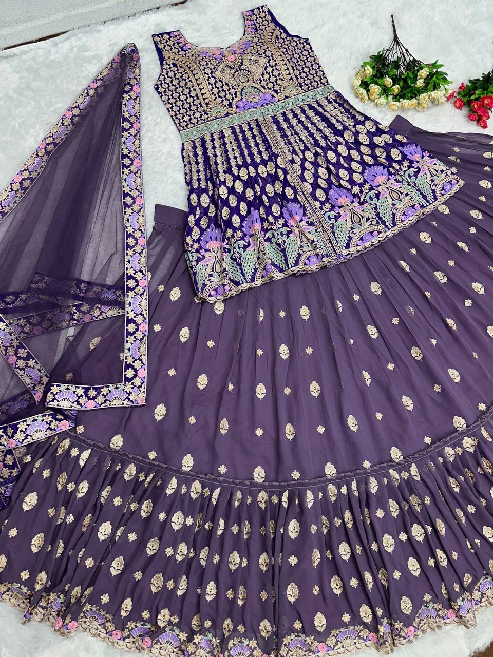 Purple Indo-Western Lehenga with Gold Embroidery & Mirror Detailing