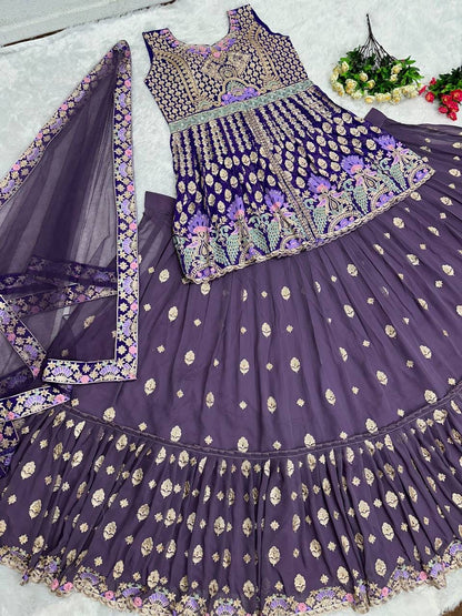 Purple Indo-Western Lehenga with Gold Embroidery & Mirror Detailing