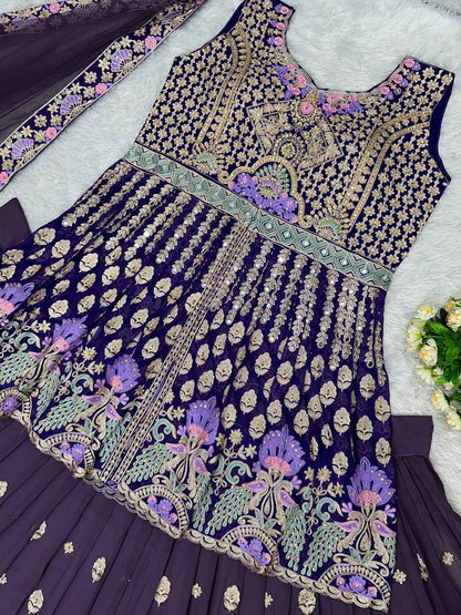 Purple Indo-Western Lehenga with Gold Embroidery & Mirror Detailing