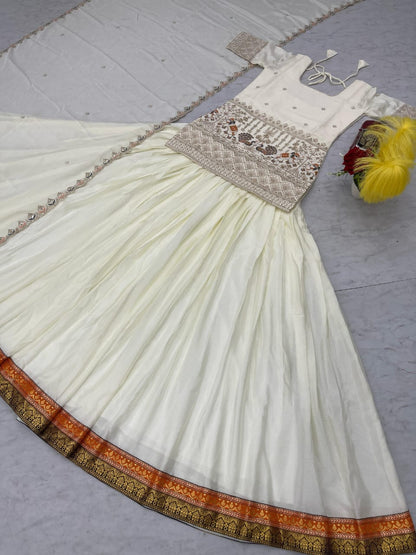 Ivory Chinon Lehenga with Peacock & Elephant Embroidery and Gold-Red Border