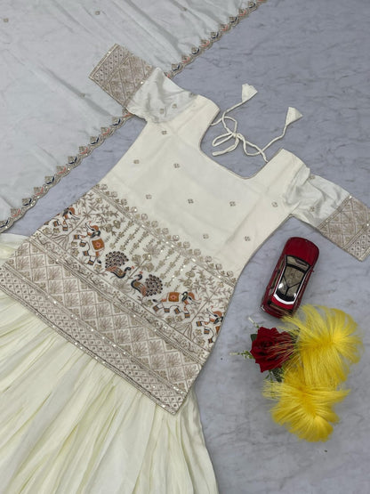 Ivory Chinon Lehenga with Peacock & Elephant Embroidery and Gold-Red Border