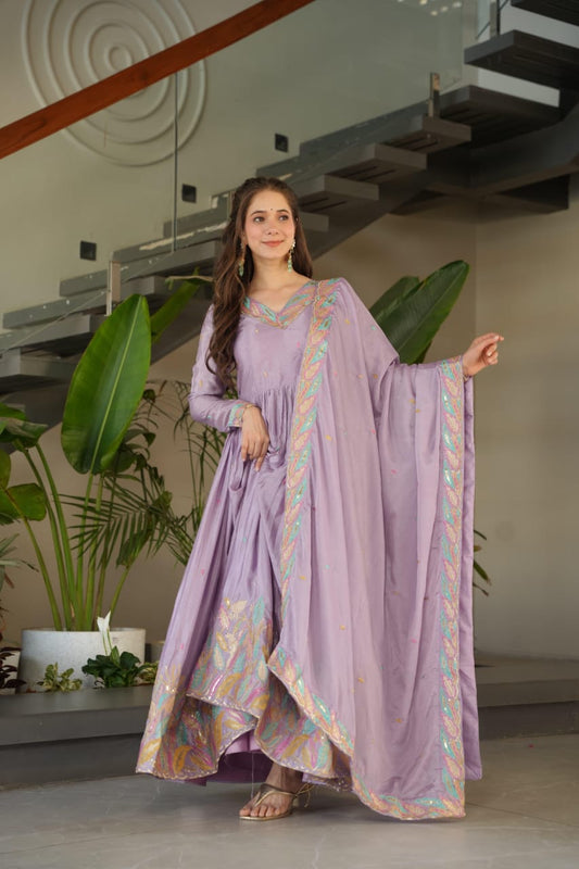 Lavender Sequins & Thread Embroidered Anarkali Gown with Dupatta