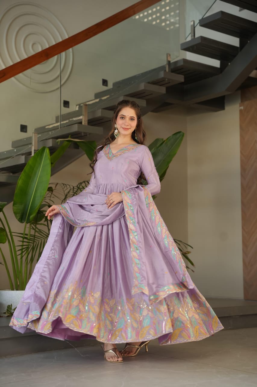Lavender Sequins & Thread Embroidered Anarkali Gown with Dupatta