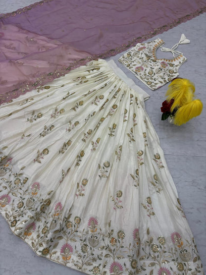 Off-White Chinon Lehenga with Gold Embroidery & Sequins Work