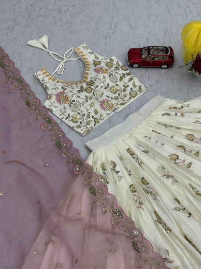Off-White Chinon Lehenga with Gold Embroidery & Sequins Work