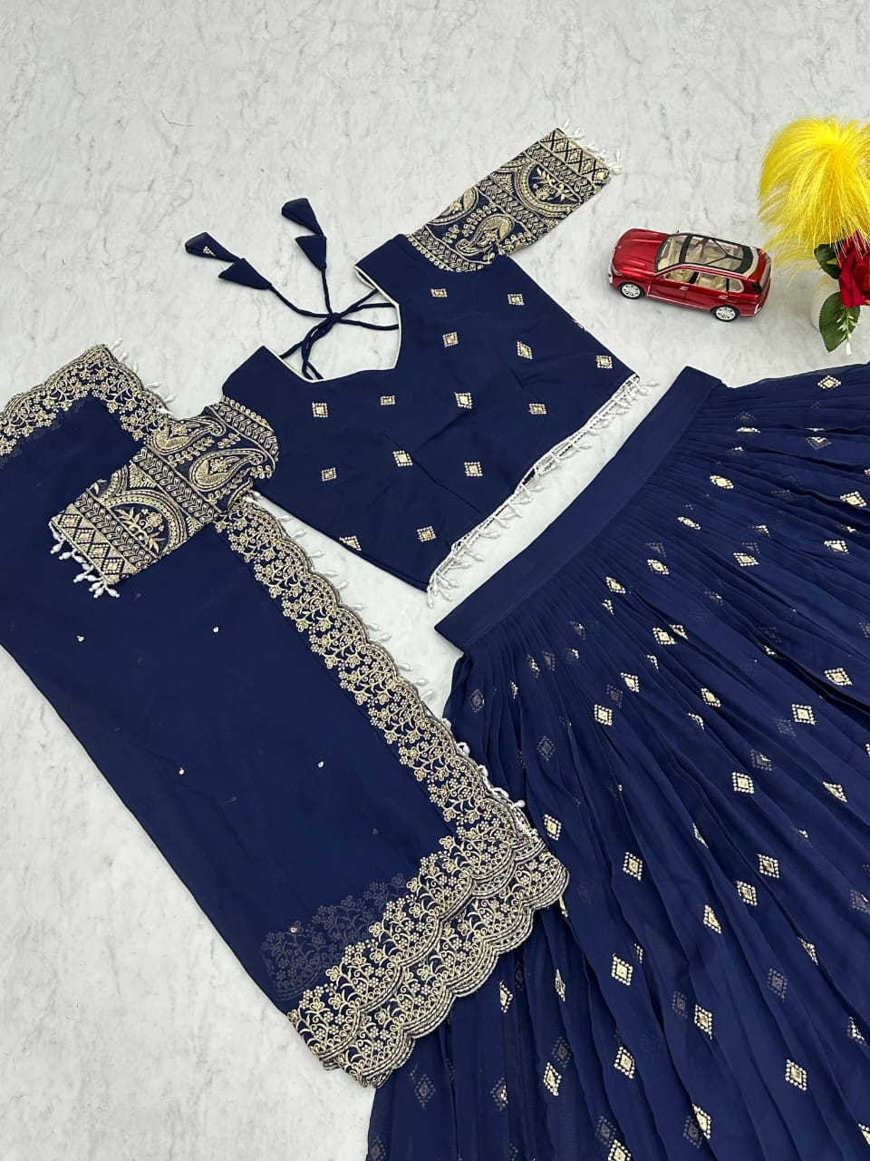 Blue Embroidered Lehenga with Gold Detailing – Luxe Event Collection ✨