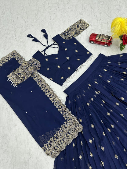 Blue Embroidered Lehenga with Gold Detailing – Luxe Event Collection ✨