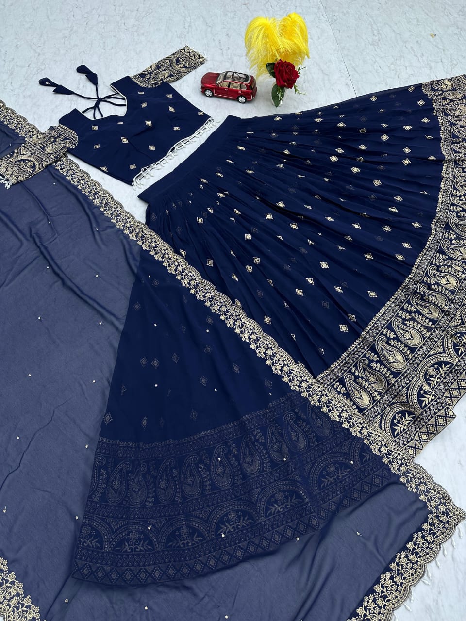 Blue Embroidered Lehenga with Gold Detailing – Luxe Event Collection ✨
