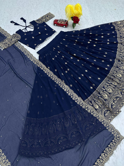 Blue Embroidered Lehenga with Gold Detailing – Luxe Event Collection ✨