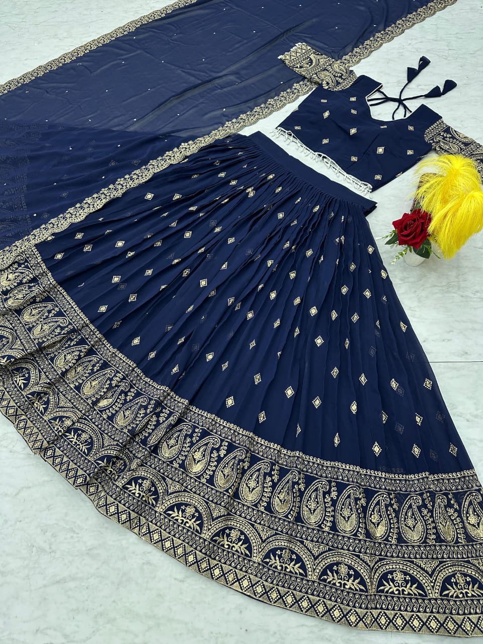 Blue Embroidered Lehenga with Gold Detailing – Luxe Event Collection ✨