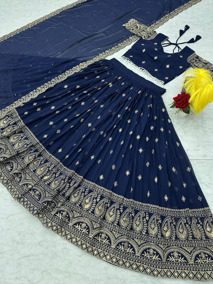 Blue Embroidered Lehenga with Gold Detailing – Luxe Event Collection ✨